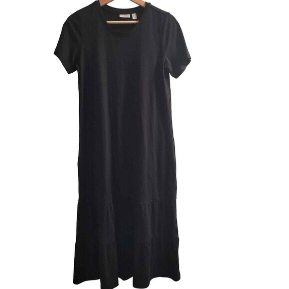 LOGO Lori Goldstein Dress‎ Women's XS Black Short Sleeve Tiered Midi Modal Blend - Picture 1 of 7